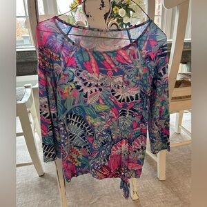Lilly Pulitzer Women Small Blouse Tie at Bottom Pink Blue White 3/4” Sleeves